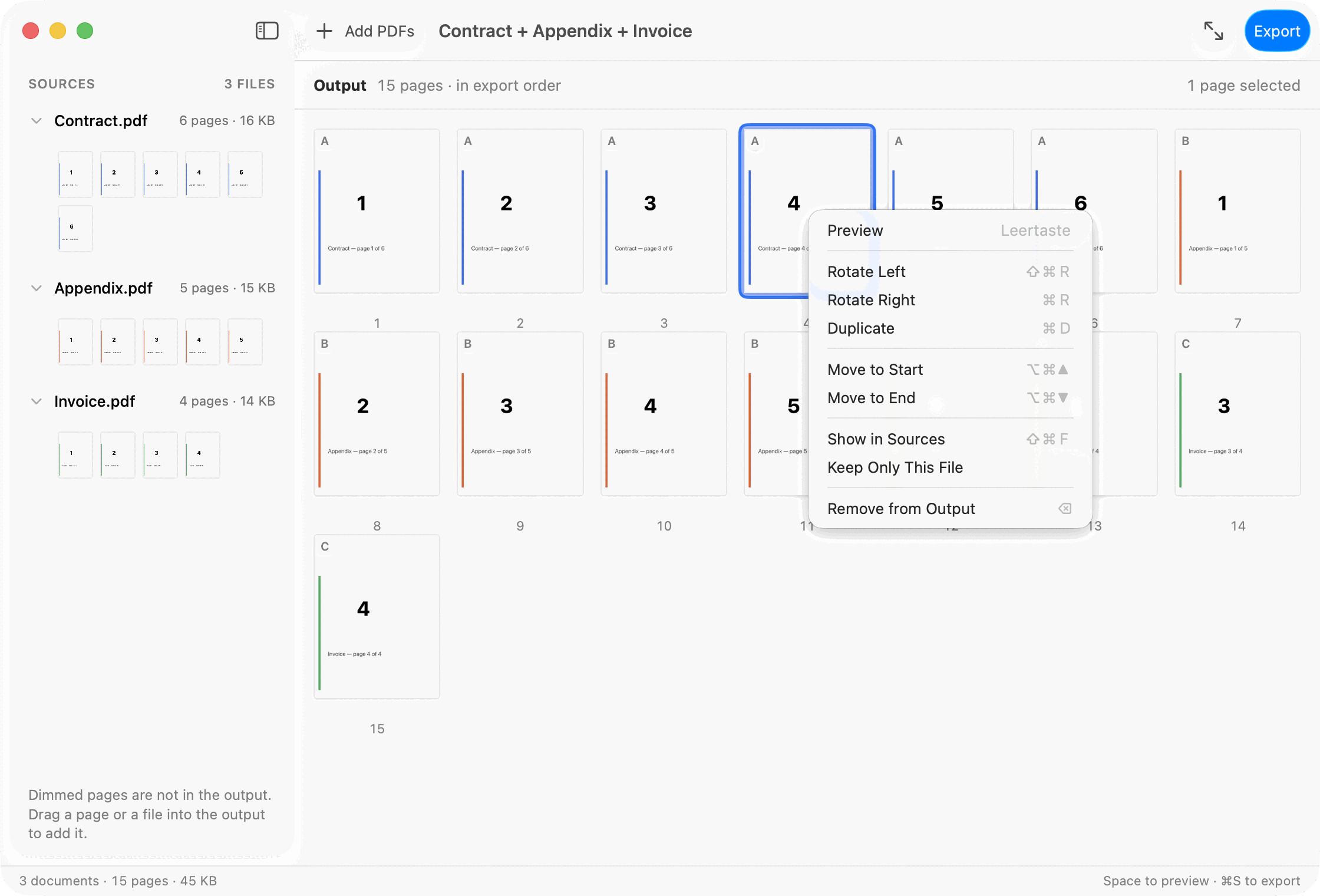 A page card’s context menu in PDF Parcel, listing rotate, duplicate, export separately and remove.