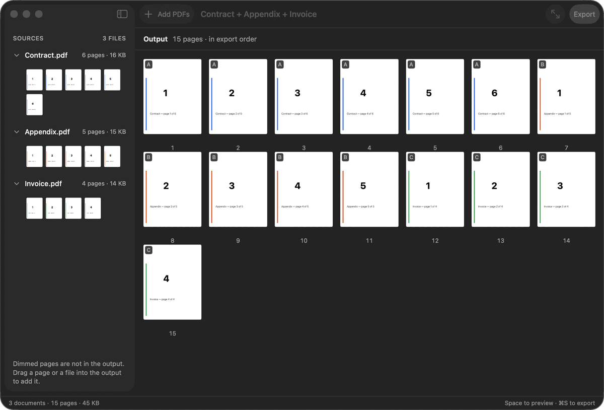 PDF Parcel in dark appearance, showing the same sources list and merged page grid.