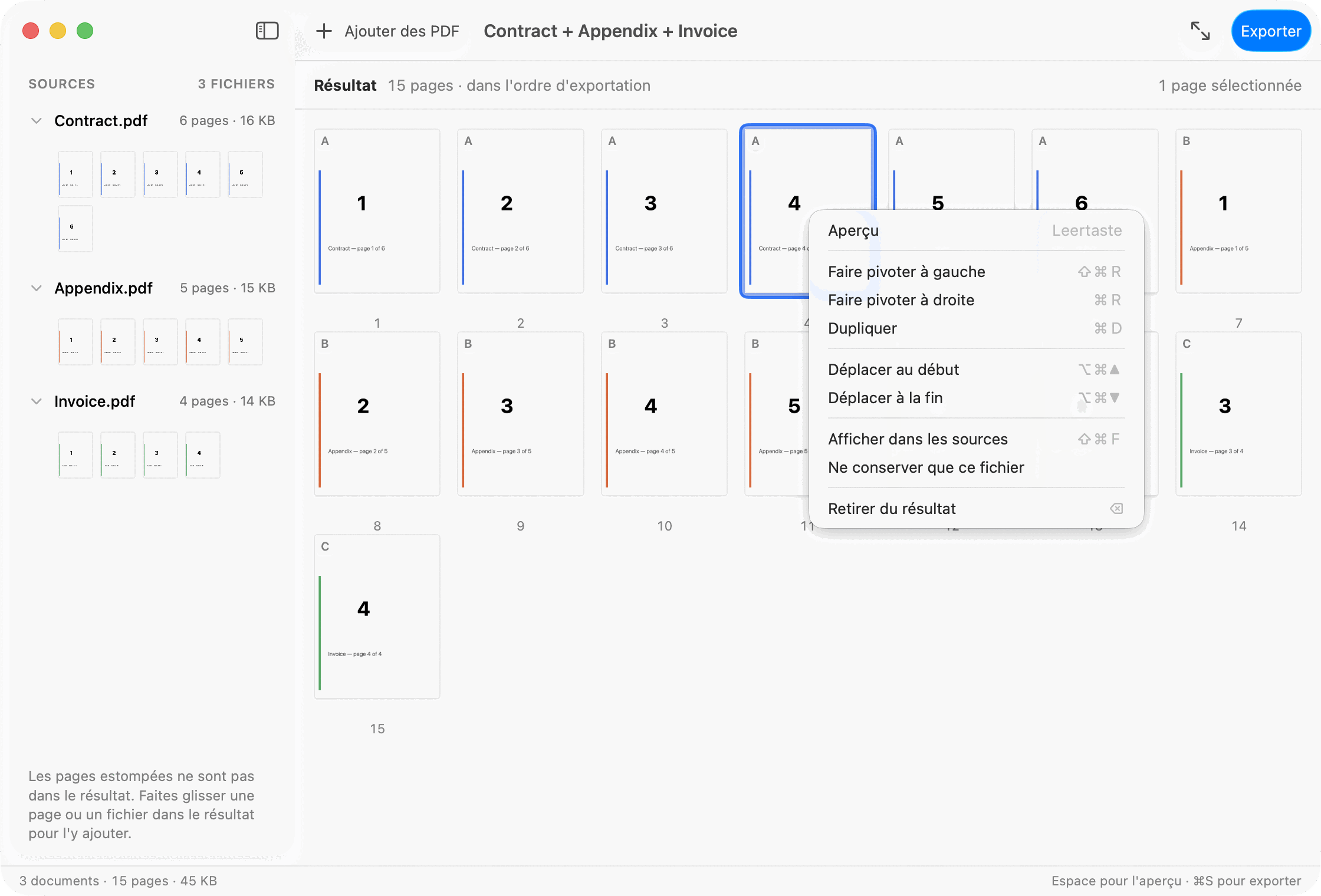 Le menu contextuel d’une carte de page dans PDF Parcel, avec faire pivoter, dupliquer, exporter séparément et retirer.