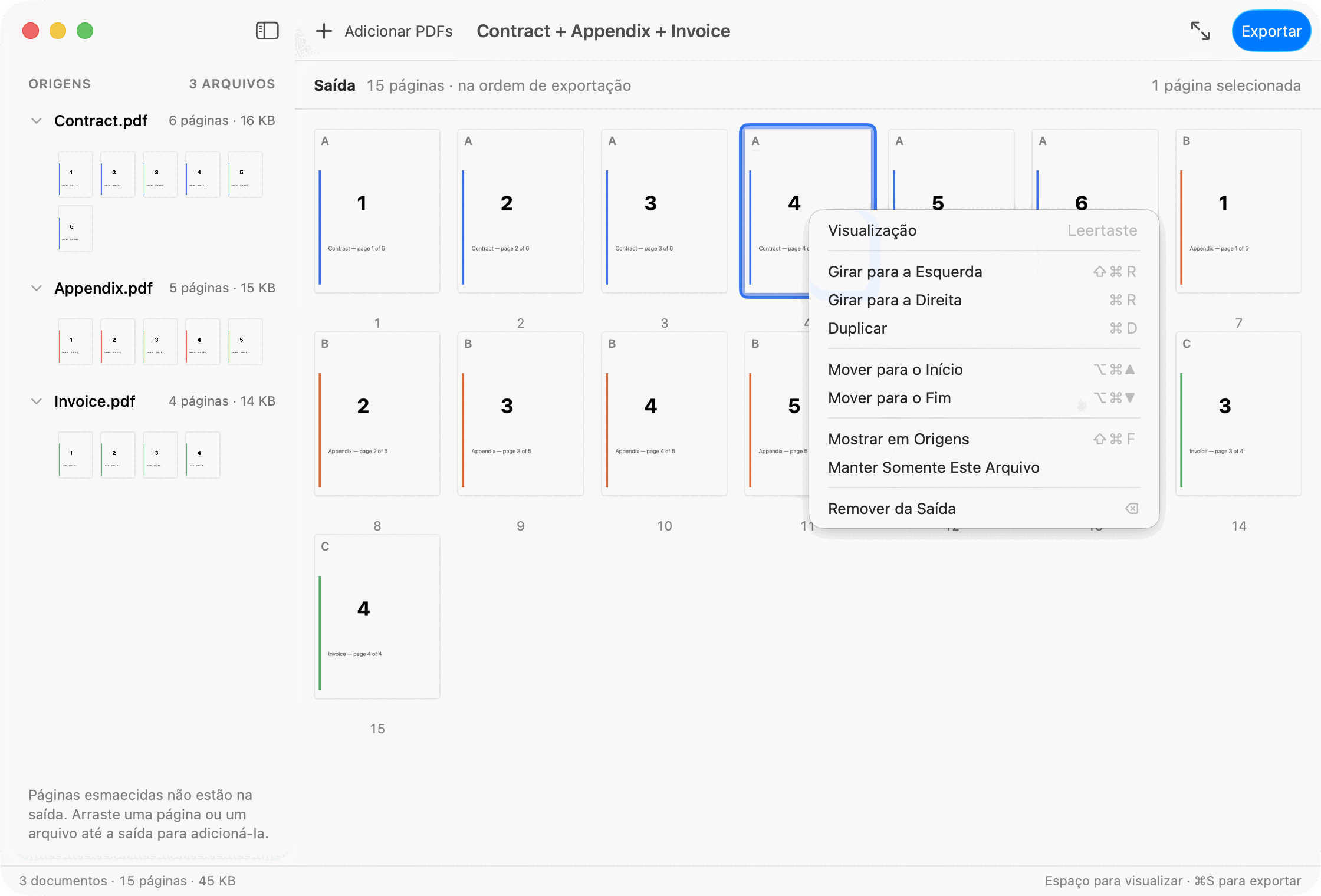 O menu de contexto de um cartão de página no PDF Parcel, com girar, duplicar, exportar separadamente e remover.
